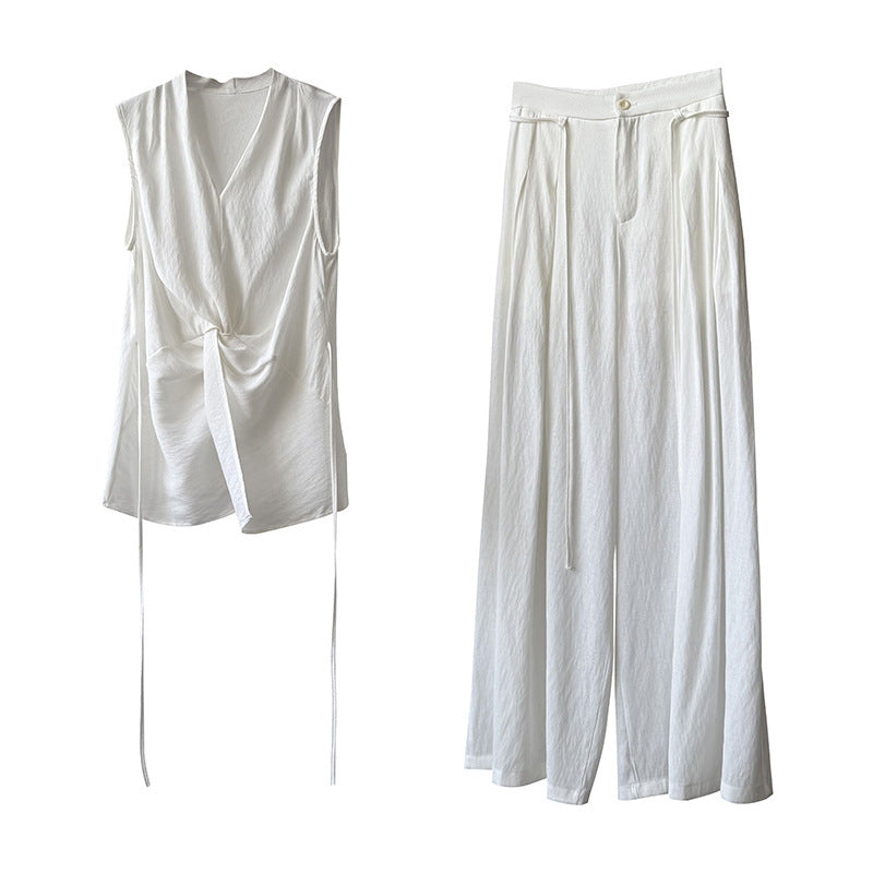 Design Twist Sleeveless Shirt Outfit Temperament Top Wide-leg Draggle-tail Trousers