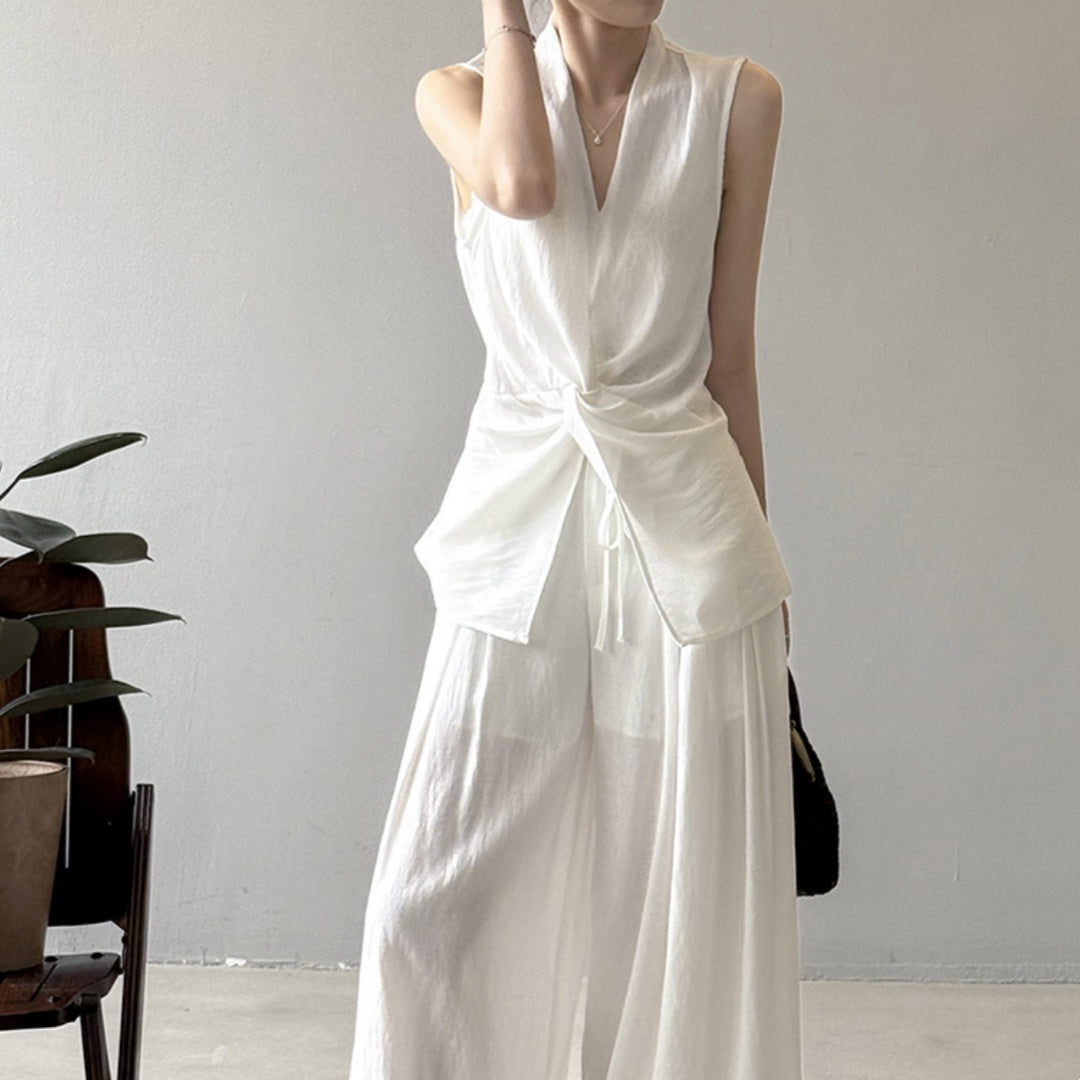 Design Twist Sleeveless Shirt Outfit Temperament Top Wide-leg Draggle-tail Trousers