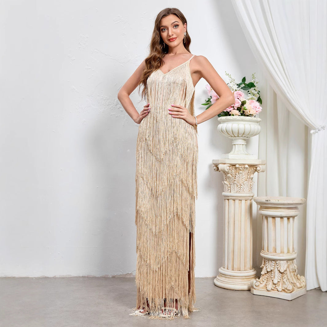 Foreign Trade New Women&#039;s Sleeveless Sexy Banquet Strap Long Dress European And American New Party Tassel Dress