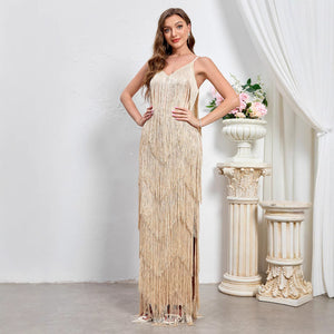 Foreign Trade New Women&#039;s Sleeveless Sexy Banquet Strap Long Dress European And American New Party Tassel Dress