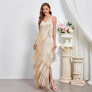 Foreign Trade New Women&#039;s Sleeveless Sexy Banquet Strap Long Dress European And American New Party Tassel Dress