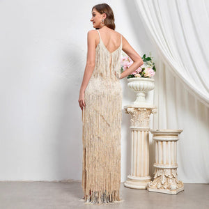 Foreign Trade New Women&#039;s Sleeveless Sexy Banquet Strap Long Dress European And American New Party Tassel Dress