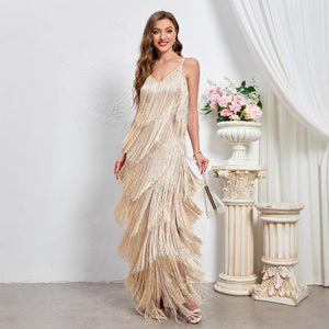 Foreign Trade New Women&#039;s Sleeveless Sexy Banquet Strap Long Dress European And American New Party Tassel Dress