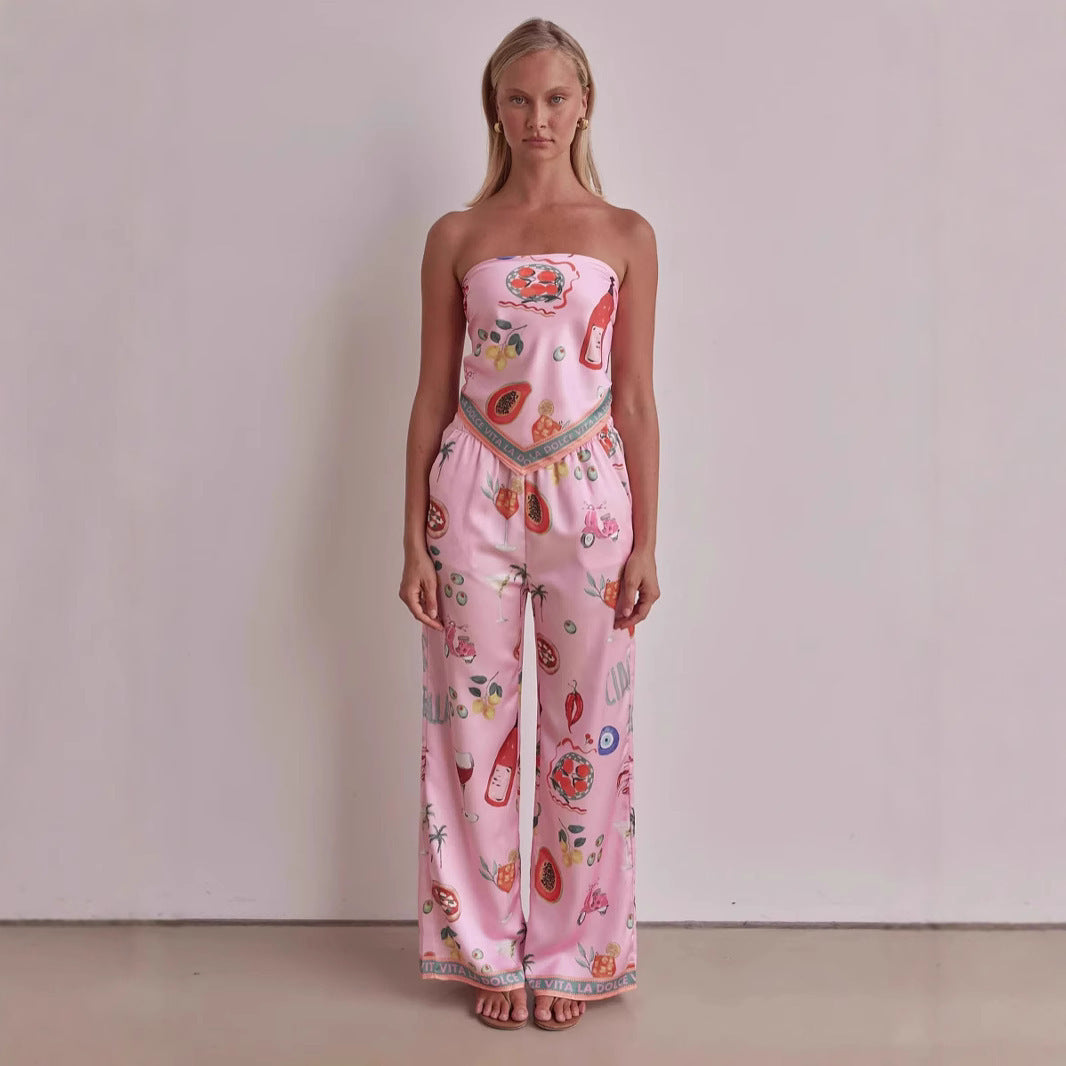 Fashion Positioning Printed Tube Top Wide Leg Pants Suit